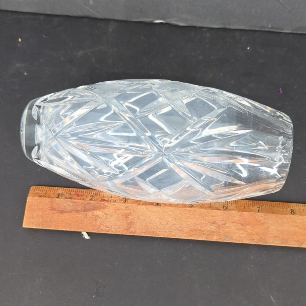 Vintage Crystal Cut Glass Flower Vase Oval Barrel Shape Diamond Pattern 8" - Picture 6 of 8